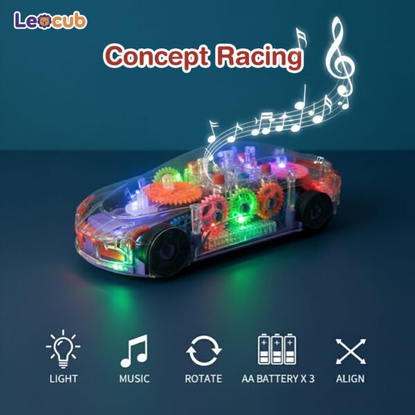 leocub transparent led gear racing car – bump & go toy
