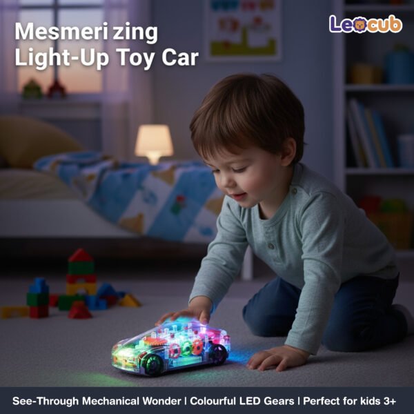 leocub transparent led gear racing car – bump & go toy